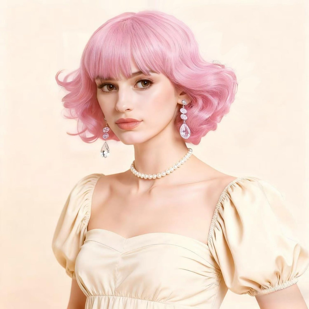 Women's Short Curvy Pink Wig w Bangs Anime Fairycore Cosplay Gatsby Attire